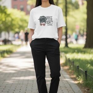 NWOT Sublimation Haley Hair Don’t Care White Graphic Tee